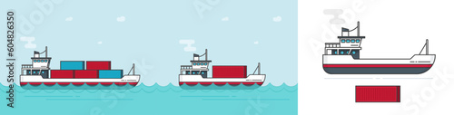 Ship container cargo vector, export marine boat industry line outline art big and small flat cartoon, international freight tanker vessel transportation in sea ocean clipart image illustration
