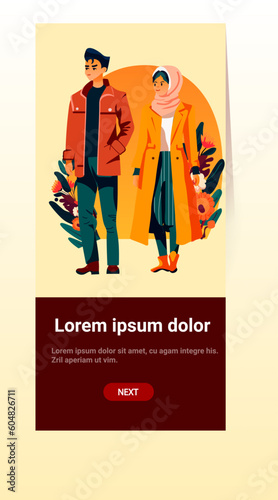 young couple in traditional clothes man woman two friends family standing together