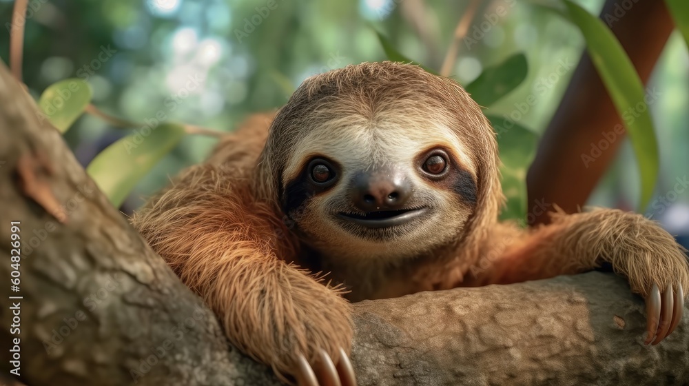 Photo of a cute sloth animal. Against the backdrop of the jungle. AI Photo of a cute sloth animal. Against the backdrop of the jungle. AI