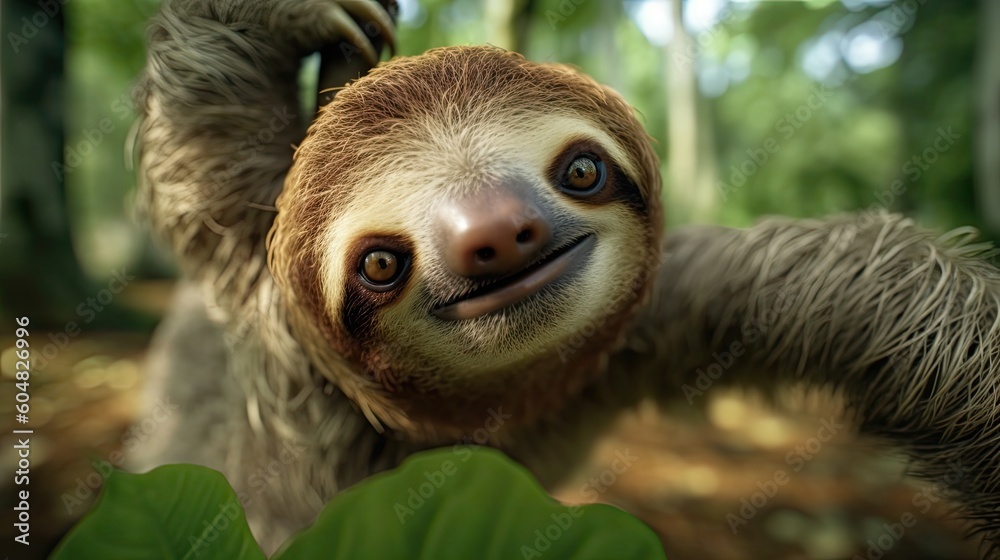 Photo of a cute sloth animal. Against the backdrop of the jungle. AI Photo of a cute sloth animal. Against the backdrop of the jungle. AI