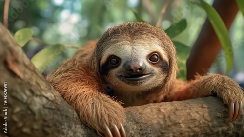 Photo of a cute sloth animal. Against the backdrop of the jungle. AI