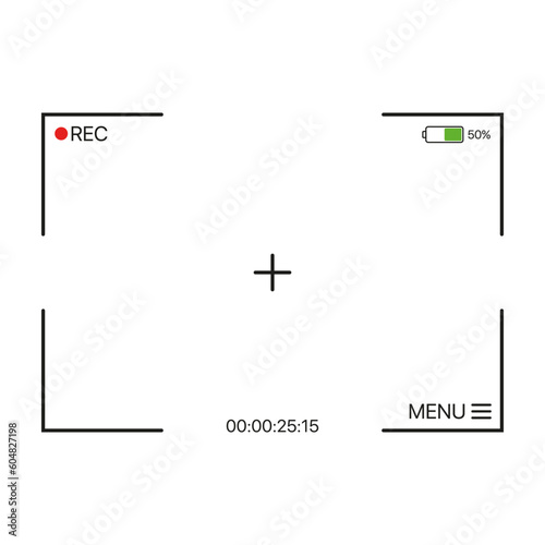 Video camera recording interface icon. An icon representing the user interface of a video camera during the recording process, showcasing elements such as a record button, timer, settings.
