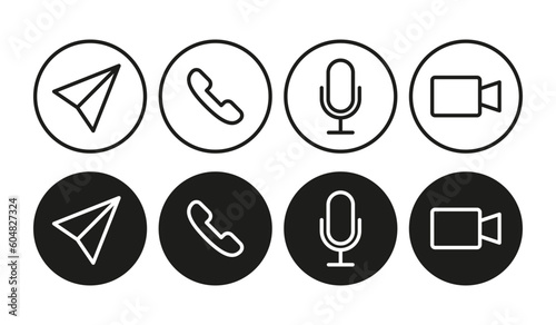 Video call icons set. A comprehensive set of icons specifically designed to represent different aspects and functionalities of video calling, including icons for camera, microphone, speaker.