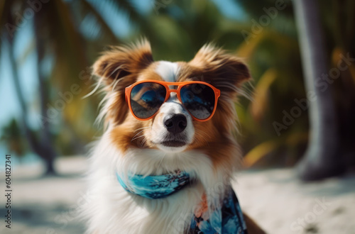 Cute funny dog wearing orange sunglasses on a tropical sandy beach with palms near sea. Summer vacation, travel with pet concept. Retro toned image. Generative AI. © salarko