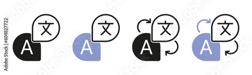 Set of translator icons. A collection of icons representing translation and language-related concepts. These icons can be used to symbolize translation services, multilingual communication.