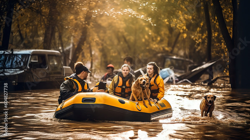 A group of people in a raft with a dog. Generative AI. Volunteers resque people and dogs in flooded zone, natural disaster resque efforts. photo