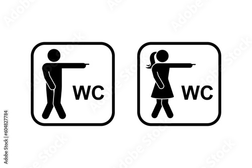 Public toilet man woman finger pointing direction access icon vector set. Restroom funny sign symbol stick figure silhouette frame pictogram