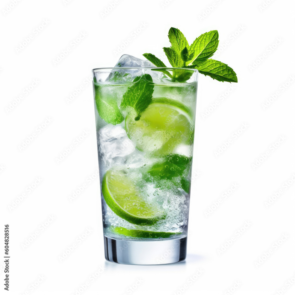 A crisp mojito cocktail with fresh mint leaves, isolated on a white background, created by Generative AI.
A crisp mojito cocktail with fresh mint leaves, isolated on a white background, created by Generative AI.