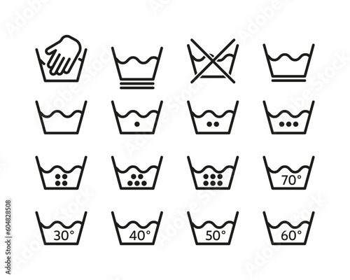 Set of laundry icons representing washing clothes in a washing machine. Illustrations include a washing machine with water, laundry detergent, clothes being washed, and clean clothes.