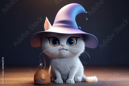Cute cartoon character Magical Hat wizard cat  generative AI