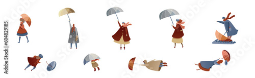 People Characters Struggling to Hold Umbrella in Windy and Stormy Weather Vector Illustration Set