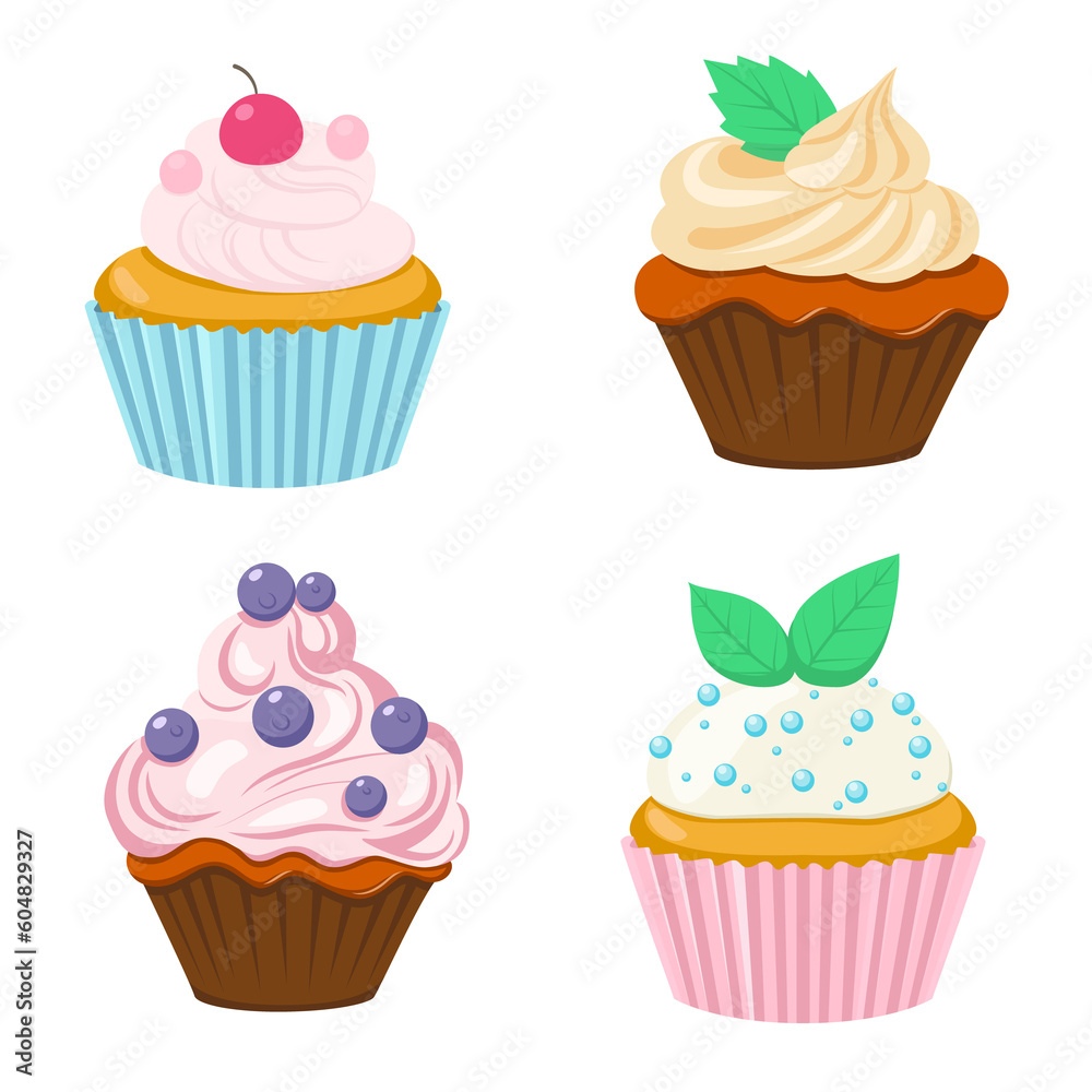 Collection of various cupcakes with cream. Modern flat Illustration on transparent background Collection of various cupcakes with cream. Modern flat Illustration on transparent background