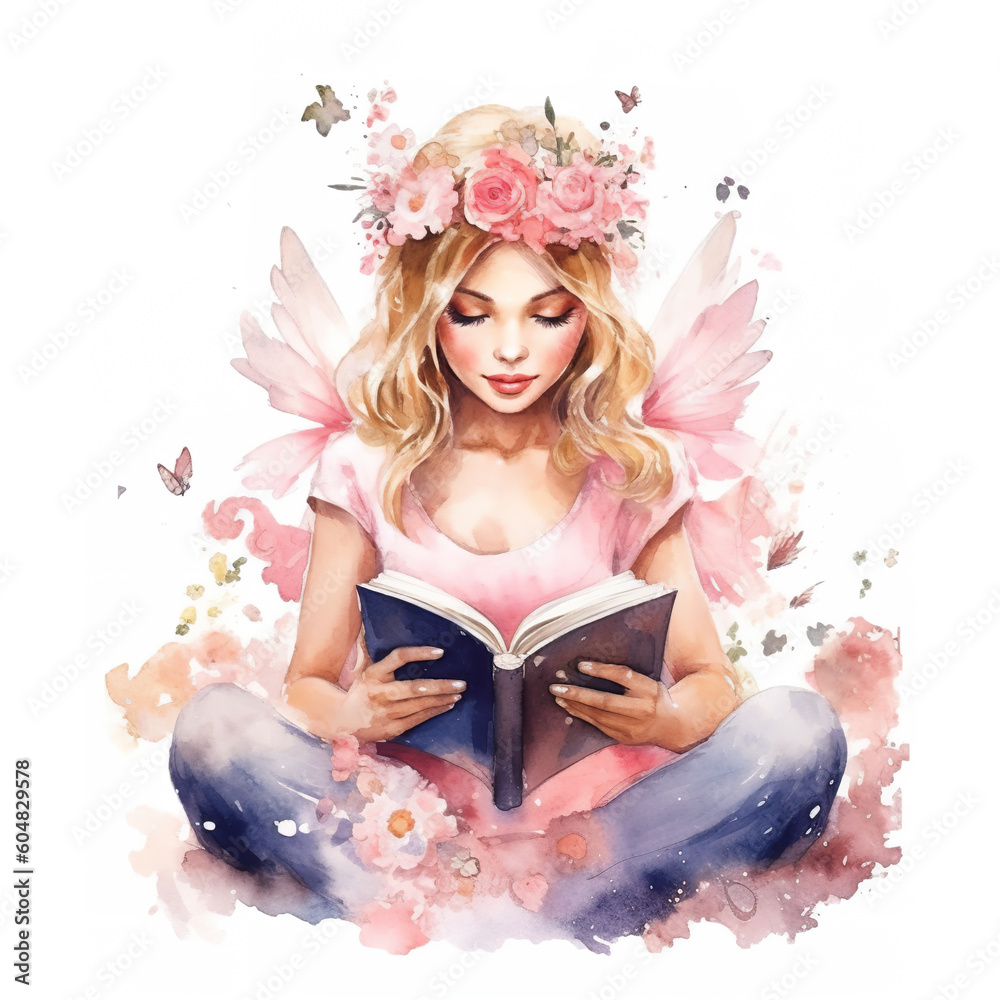 A woman sitting on the ground reading a book. Generative AI. Beautiful fairy with wings, watercolor drawing. A woman sitting on the ground reading a book. Generative AI. Beautiful fairy with wings, watercolor drawing.