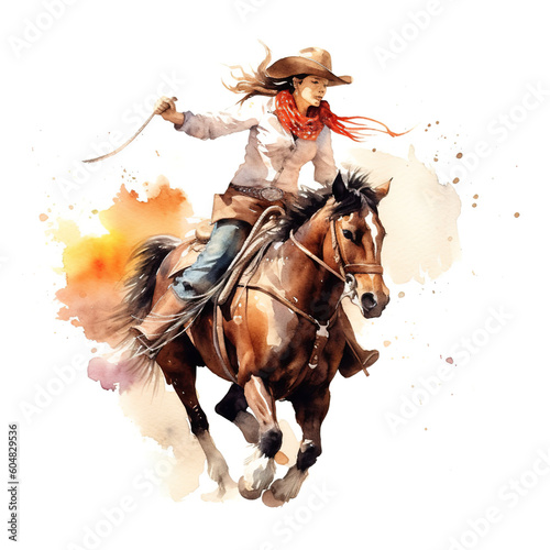 A watercolor painting of a woman riding a horse. Generative AI.