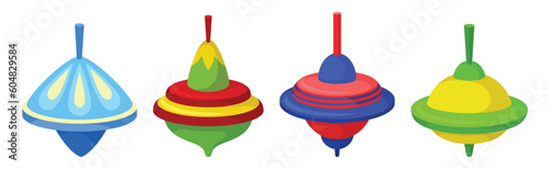 Spinning Top as Squat Toy with Sharp Point at the Bottom Vector Set