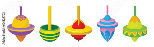 Spinning Top as Squat Toy with Sharp Point at the Bottom Vector Set