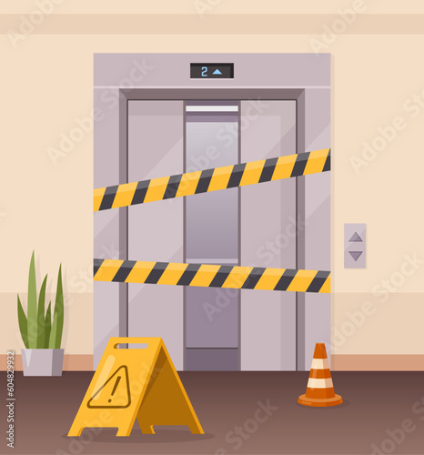 Elevator doors. Vector illustration of office or hotel hallway with broken elevator doors, plants, floor indicator, warning yellow stripe, caution sign. Damaged elevators, lift closed for repair.