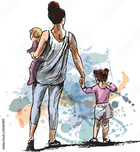 Colored hand drawn sketch of a mother with two children. Vector illustration.