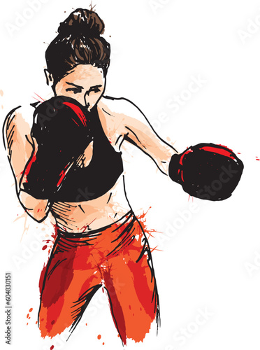Colored hand drawn sketch of boxing woman. Vector illustration.