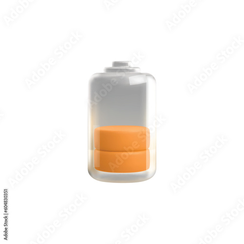 Realistic 3d vector illustration, icon of battery charging with charge level, indicator of half electric load, isolated on white background