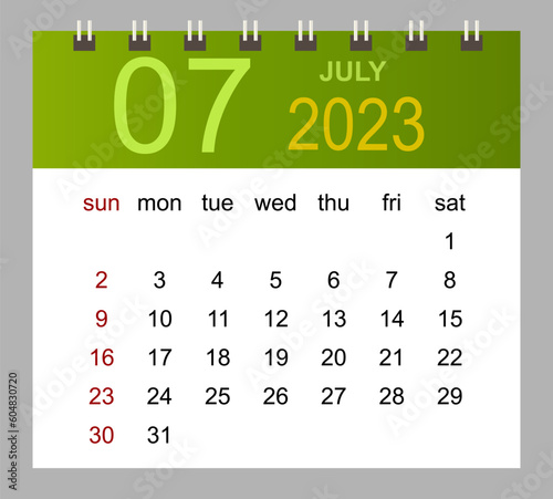 July 2023. Vector monthly calendar template 2023 year in simple style for template design. Week starts from Sunday.
