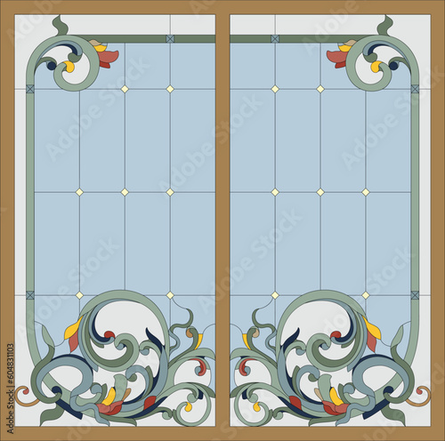Stained-glass panel in a rectangular frame, abstract floral arrangement of buds and leaves in the art Nouveau style. Decorative design of the window or door. Vector illustration