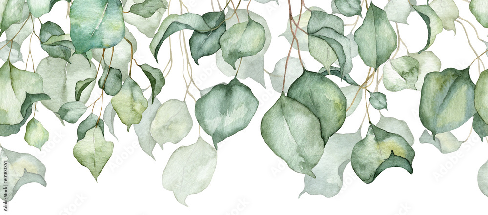 Long seamless banner with green ivy leaves hanging down. Watercolor hand painted botany illustartion for backgrounds, greeting cards - obrazy, fototapety, plakaty 