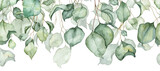 Long seamless banner with green ivy leaves hanging down. Watercolor hand painted botany illustartion for backgrounds, greeting cards