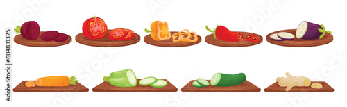 Ripe and Juicy Sliced Vegetables Rested on Cutting Board Vector Set