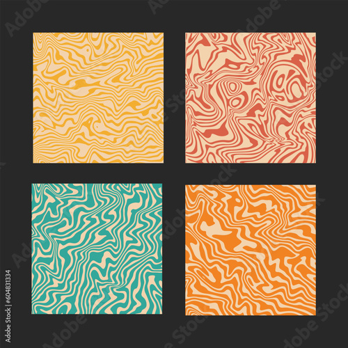 Groovy retro backgrounds set. Wavy trippy post template in psychedelic colors. Cool funky patterns. Aesthetic y2k vector design. Abstract swirl textures in 60-70s style