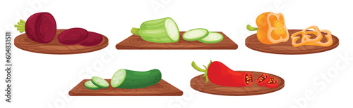 Ripe and Juicy Sliced Vegetables Rested on Cutting Board Vector Set