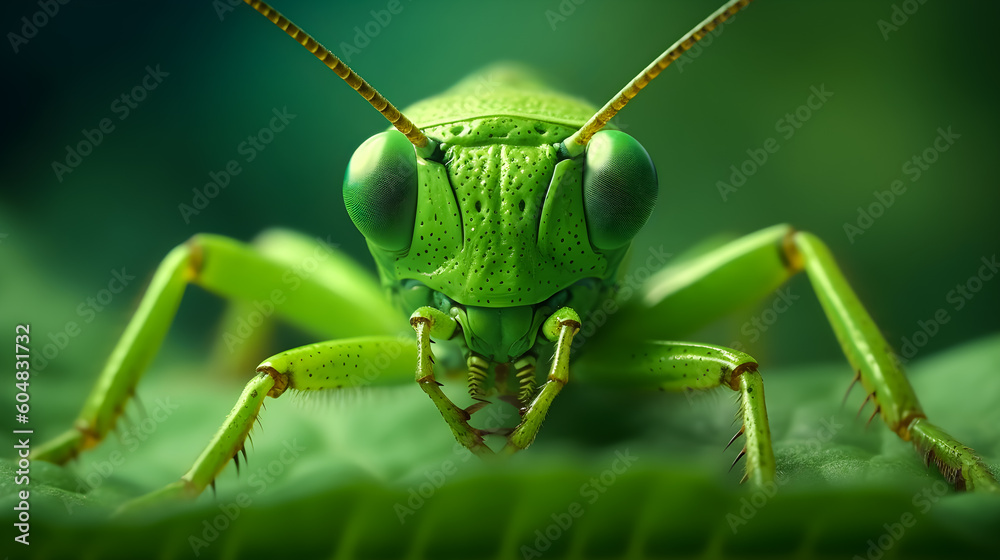 Close-up of a green grasshopper with green leaf background. Wildlife animals. Generative AI.