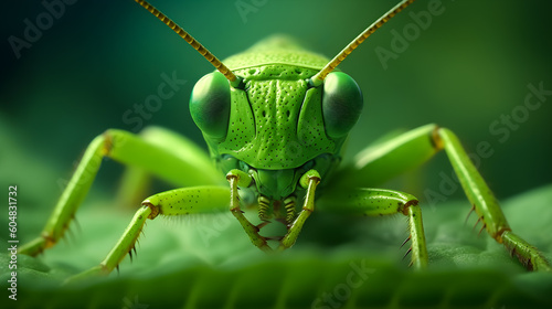 Close-up of a green grasshopper with green leaf background. Wildlife animals. Generative AI. © PhotoGranary