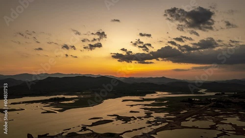 Aerial fly drone hyperlapse sunrise or sunset sky.