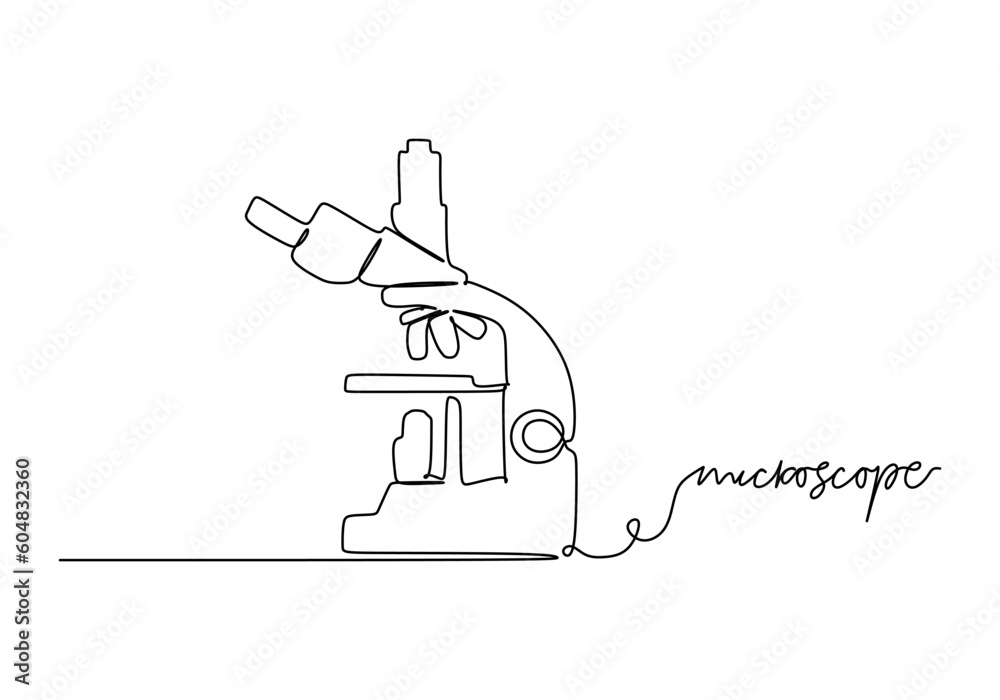 Microscope - School education object, one line drawing continuous design, vector illustration. Microscope - School education object, one line drawing continuous design, vector illustration.