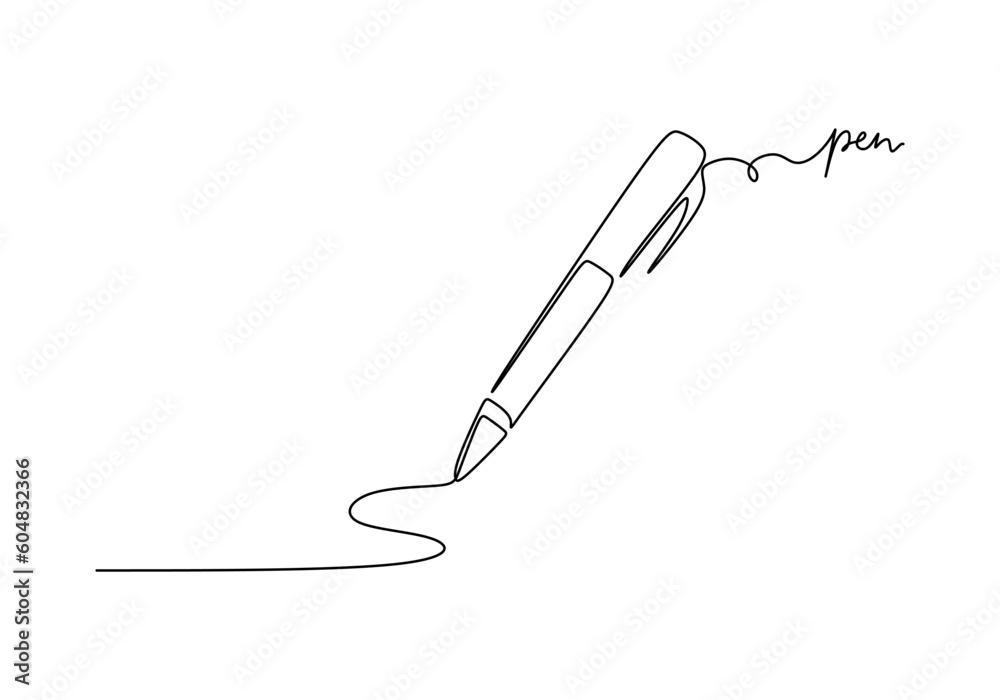 Fototapeta premium Pen - School education object, one line drawing continuous design, vector illustration.