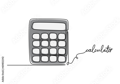 Calculator - School education object, one line drawing continuous design, vector illustration.
