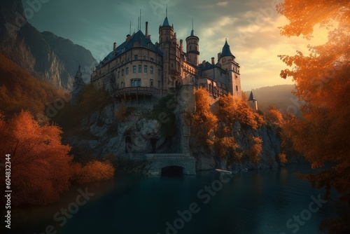 a big castle perched on a cliff overlooking a lake in the distance. Generative AI