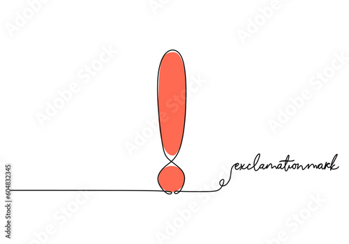 Exclamation mark - School education object, one line drawing continuous design, vector illustration.
