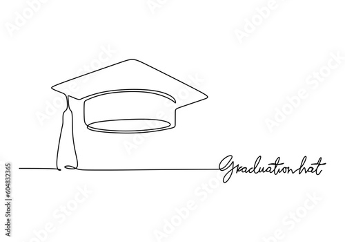 Graduation cap - School education object, one line drawing continuous design, vector illustration.