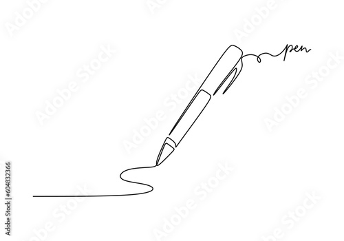 Pen - School education object, one line drawing continuous design, vector illustration.