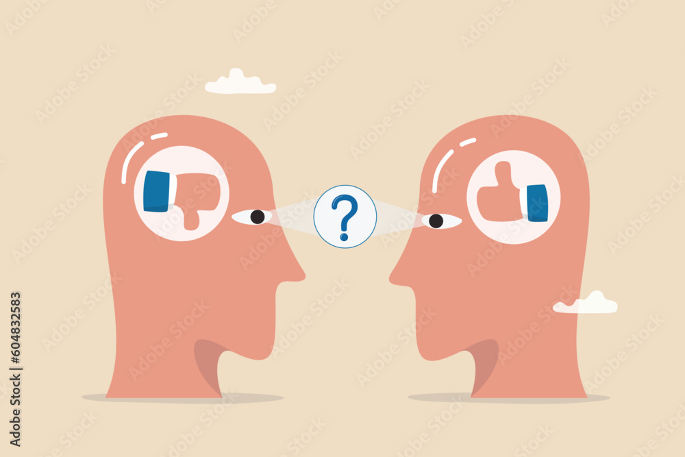 Perception process to interpret information, though or opinion depend on personality or perspective, difference bias or illusion concept, human head looking at object with difference perception.
