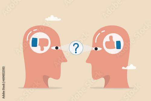 Perception process to interpret information, though or opinion depend on personality or perspective, difference bias or illusion concept, human head looking at object with difference perception.