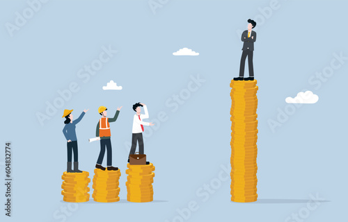 Economic inequality, very high income difference between rich and poor concept, Middle class and working class people on low coins stack looking at elite on high coins stack. 