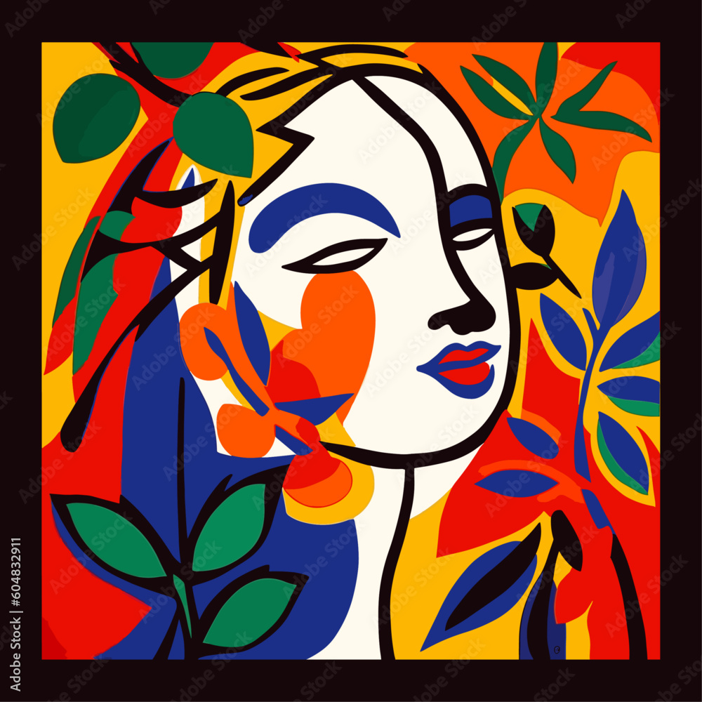 Expressive vector artwork showcasing a girl in a unique hand-drawn style, characterized by bold lines and bright, lively colors