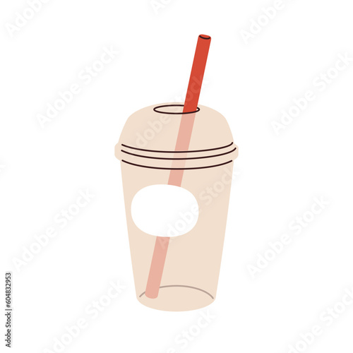 Takeaway plastic cup with straw in dome-shaped lid, cap. Empty take-away glass, transparent mug for cold drinks. Takeout beverage container. Flat vector illustration isolated on white background