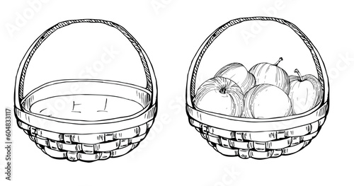 Hand drawn ink composition with monochrome vector, detailed outline ripe apple fruit in basket. Isolated object on white background. Design for wall art, wedding, print, fabric, cover, card.