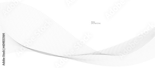 Light grey abstract background, vector wave of flowing particles, curvy lines of dots in motion, technology and science theme, airy and ease futuristic illustration.
