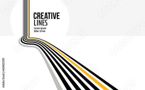 Future lines in 3D perspective vector abstract background, black and yellow linear composition, road to horizon and sky concept, optical illusion op art.