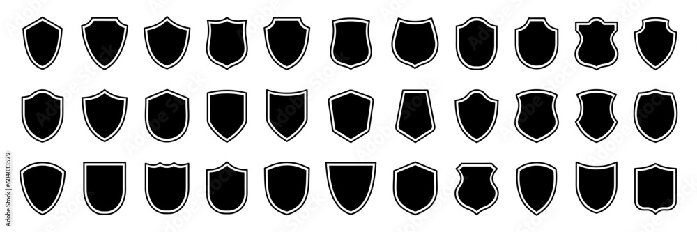 Set of security shield icons. Black security shield. Protect shield. Design elements for concept of safety and protection. Police badge shape. Vector illustration Set of security shield icons. Black security shield. Protect shield. Design elements for concept of safety and protection. Police badge shape. Vector illustration